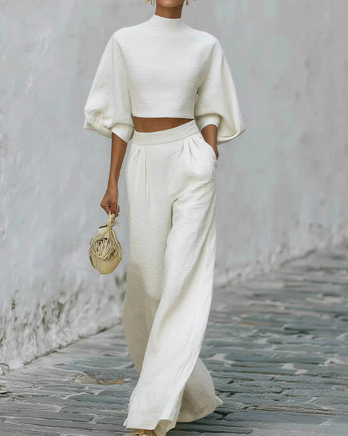 Puff Sleeve Crop Top & Wide Leg Pants