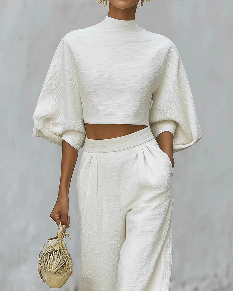 Puff Sleeve Crop Top & Wide Leg Pants