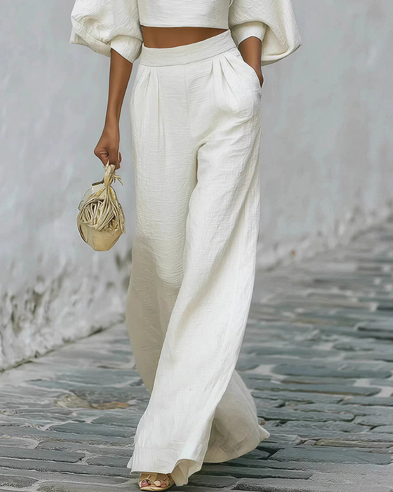 Puff Sleeve Crop Top & Wide Leg Pants