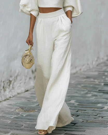 Puff Sleeve Crop Top & Wide Leg Pants