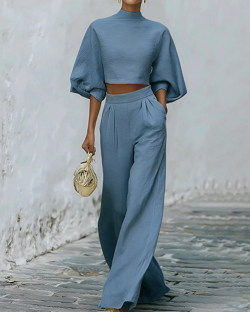 Puff Sleeve Crop Top & Wide Leg Pants