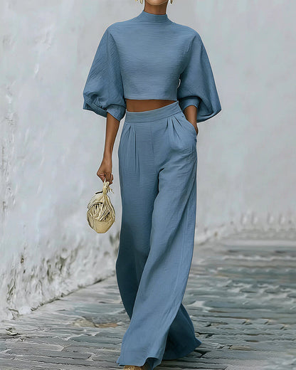 Puff Sleeve Crop Top & Wide Leg Pants