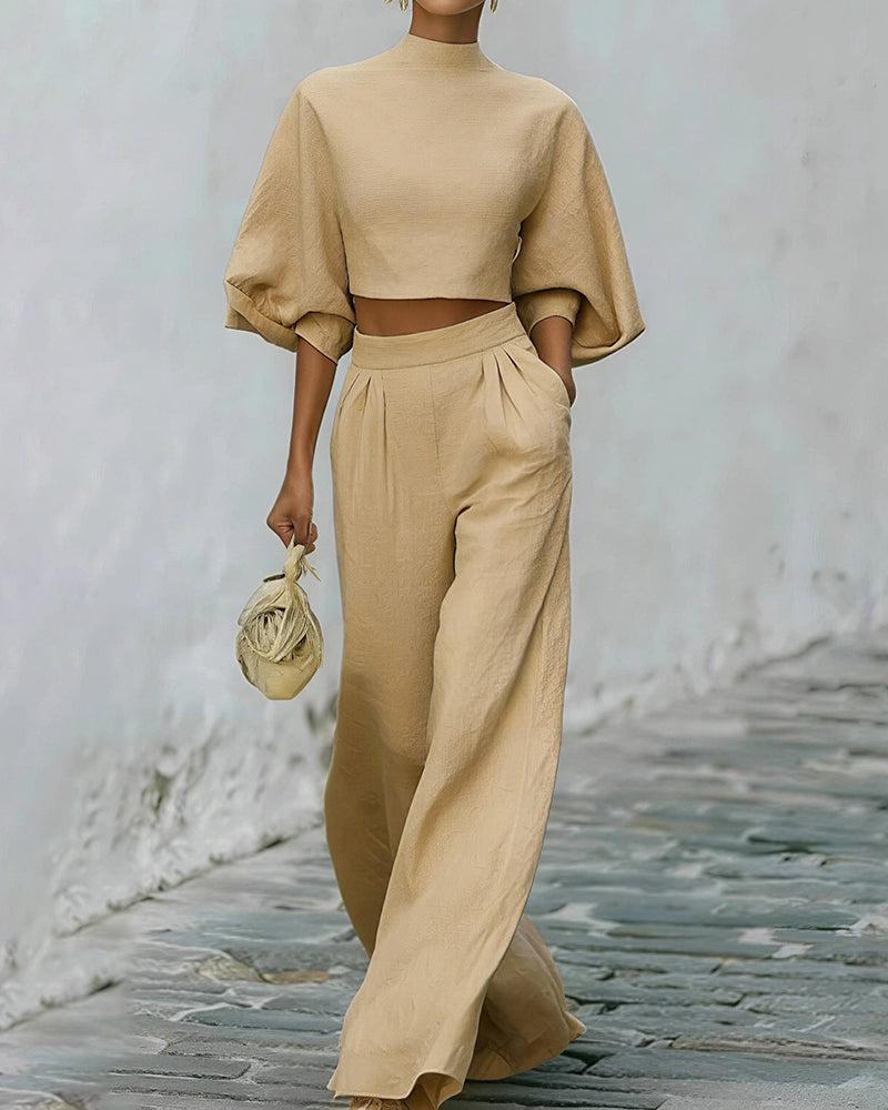 Puff Sleeve Crop Top & Wide Leg Pants