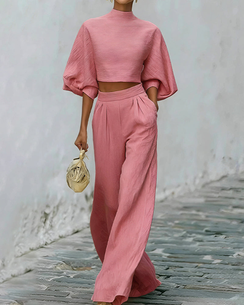 Puff Sleeve Crop Top & Wide Leg Pants