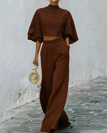 Puff Sleeve Crop Top & Wide Leg Pants