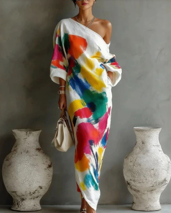 Curvvvy™ One-Shoulder Abstract Print Maxi Dress