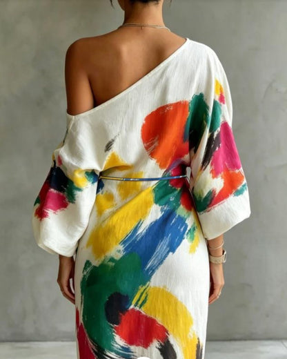 Curvvvy™ One-Shoulder Abstract Print Maxi Dress