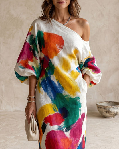 Curvvvy™ One-Shoulder Abstract Print Maxi Dress