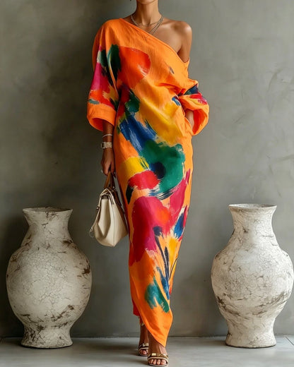 Curvvvy™ One-Shoulder Abstract Print Maxi Dress