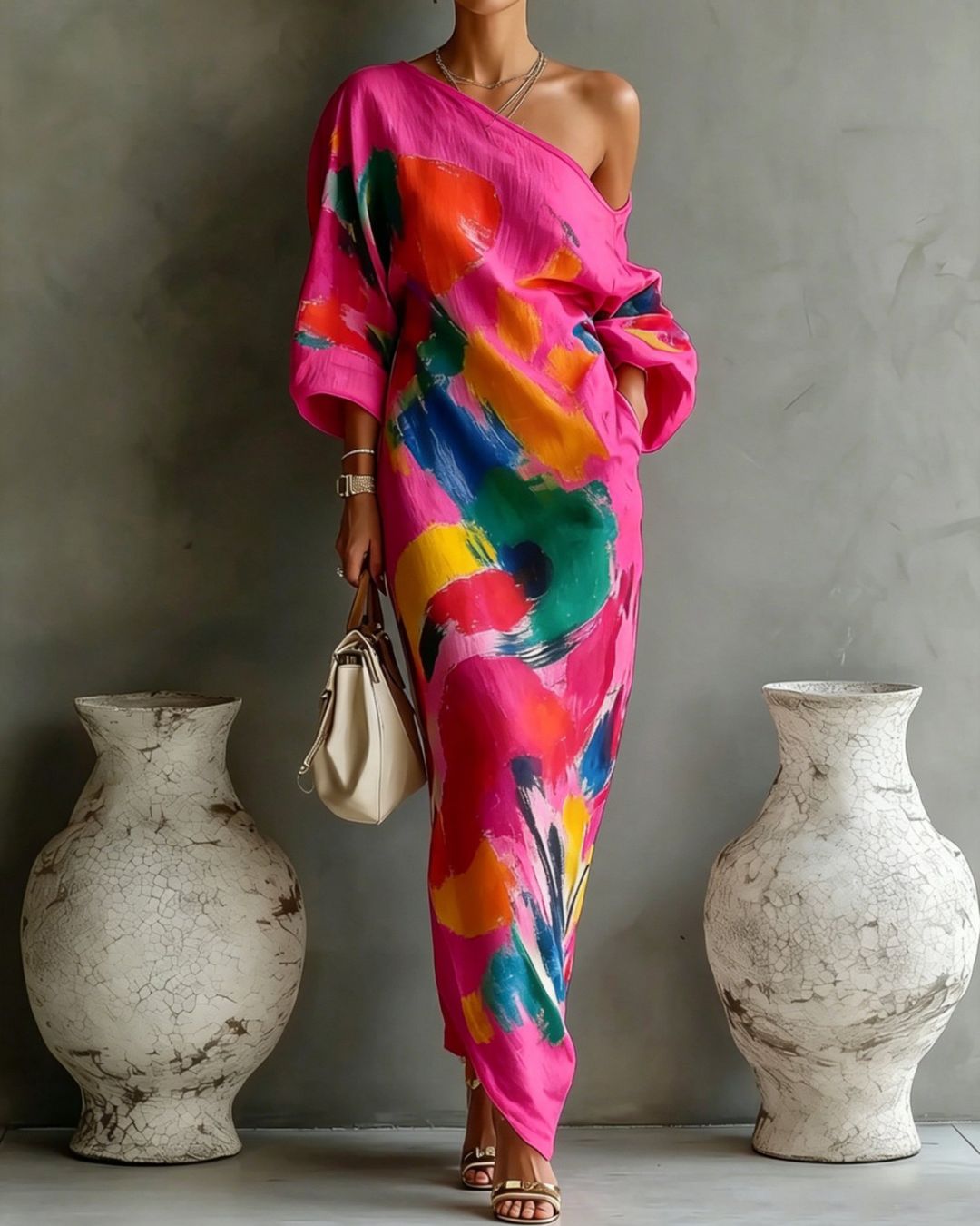 Curvvvy™ One-Shoulder Abstract Print Maxi Dress