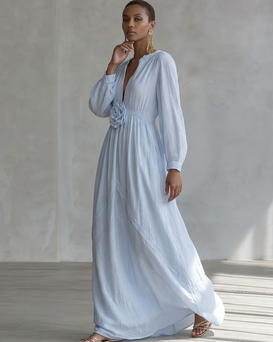 Curvvvy™ Deep V-neck Three-dimensional Floral Maxi Dress