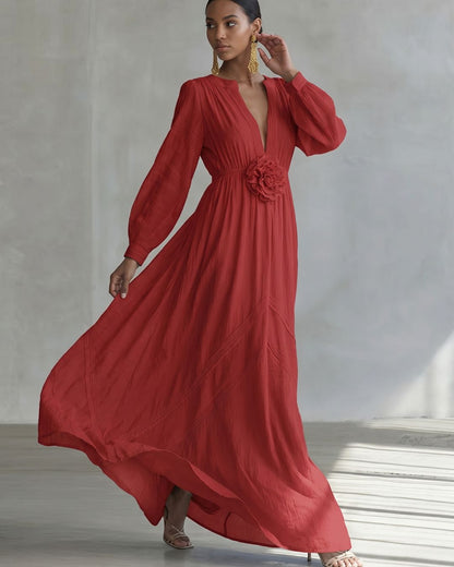 Curvvvy™ Deep V-neck Three-dimensional Floral Maxi Dress