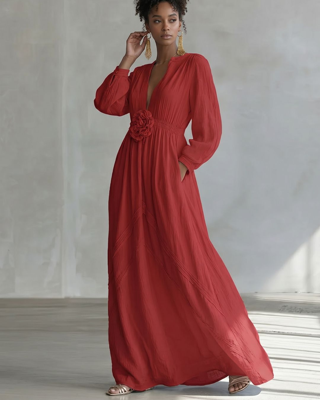 Curvvvy™ Deep V-neck Three-dimensional Floral Maxi Dress