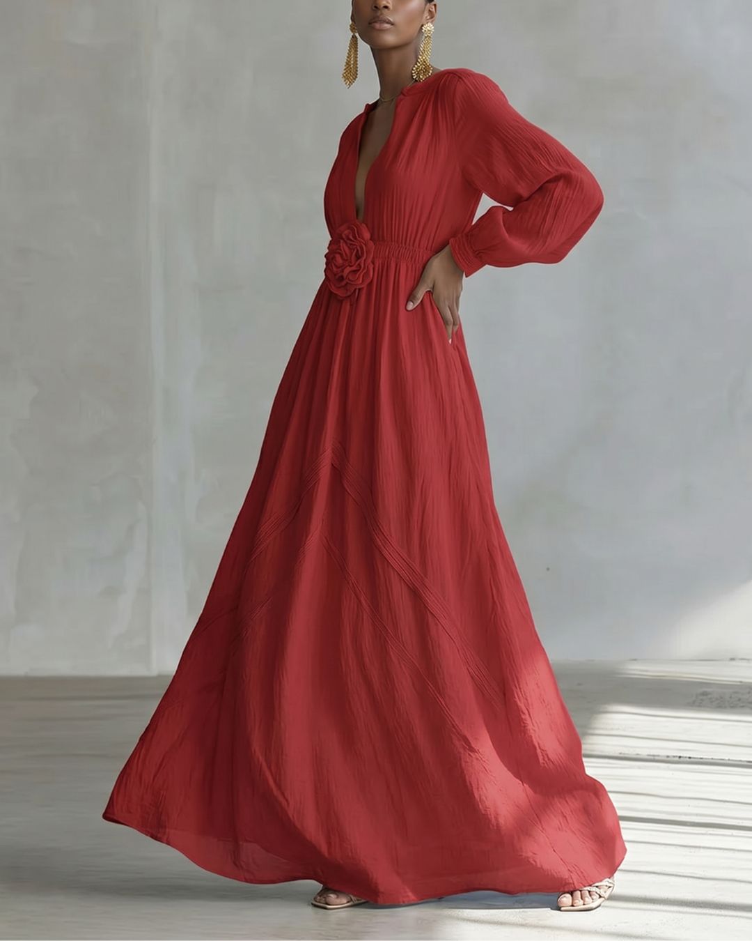 Curvvvy™ Deep V-neck Three-dimensional Floral Maxi Dress