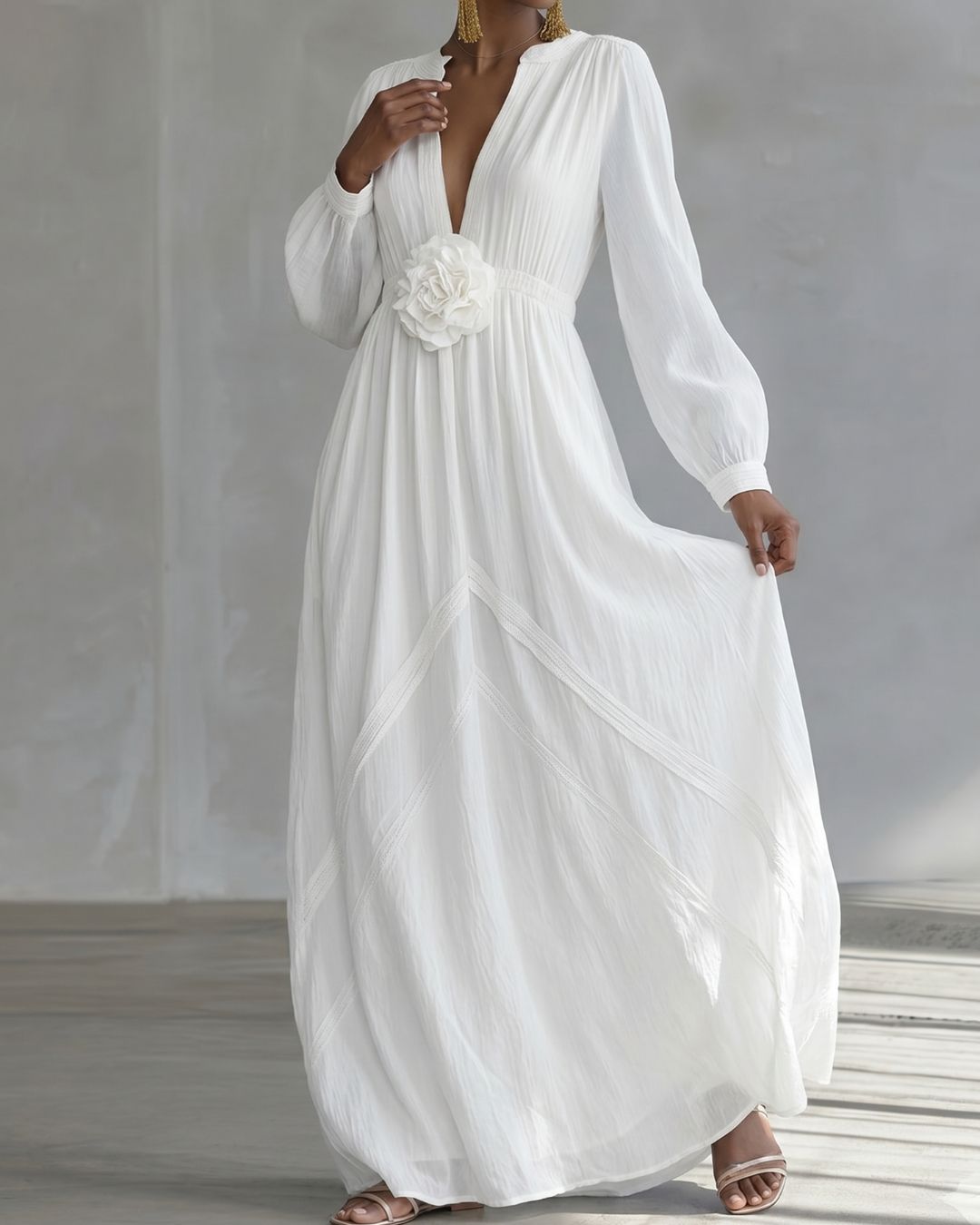 Curvvvy™ Deep V-neck Three-dimensional Floral Maxi Dress
