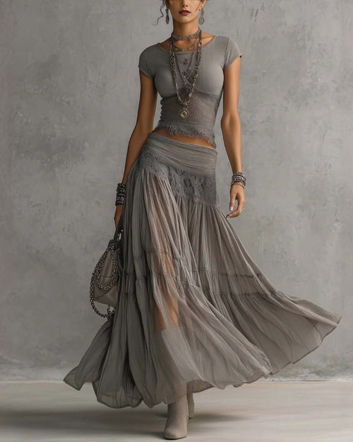 Curvvvy™ Lace Panel and Pleated Maxi Dress Set
