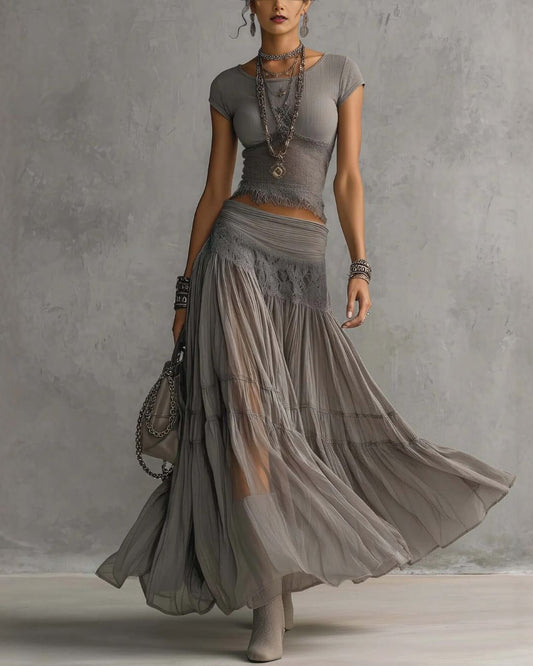 Lace Panel and Pleated Maxi Dress Set