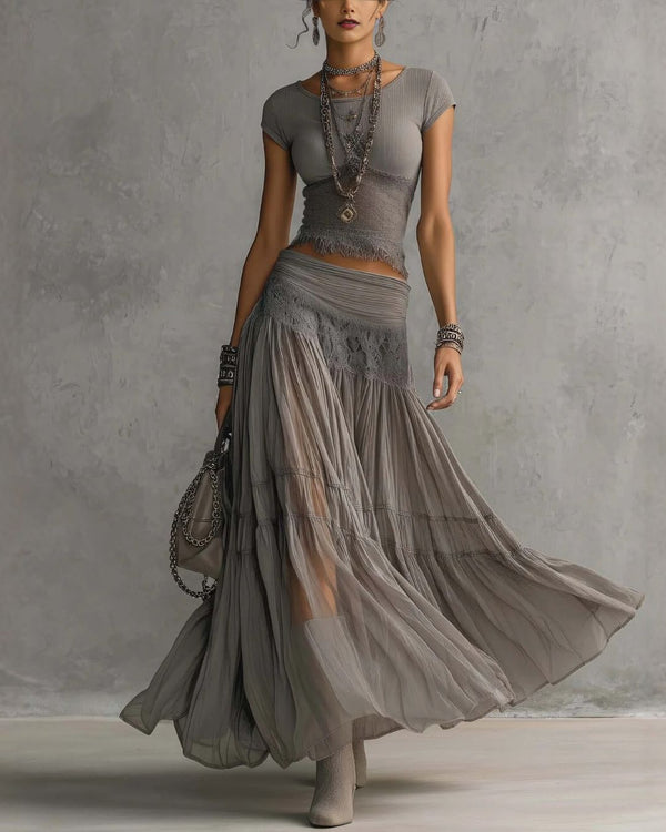 Curvvvy™ Lace Panel and Pleated Maxi Dress Set