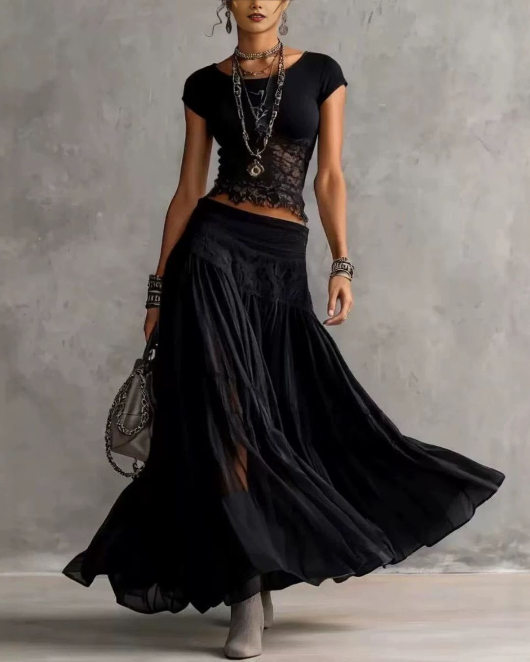 Curvvvy™ Lace Panel and Pleated Maxi Dress Set