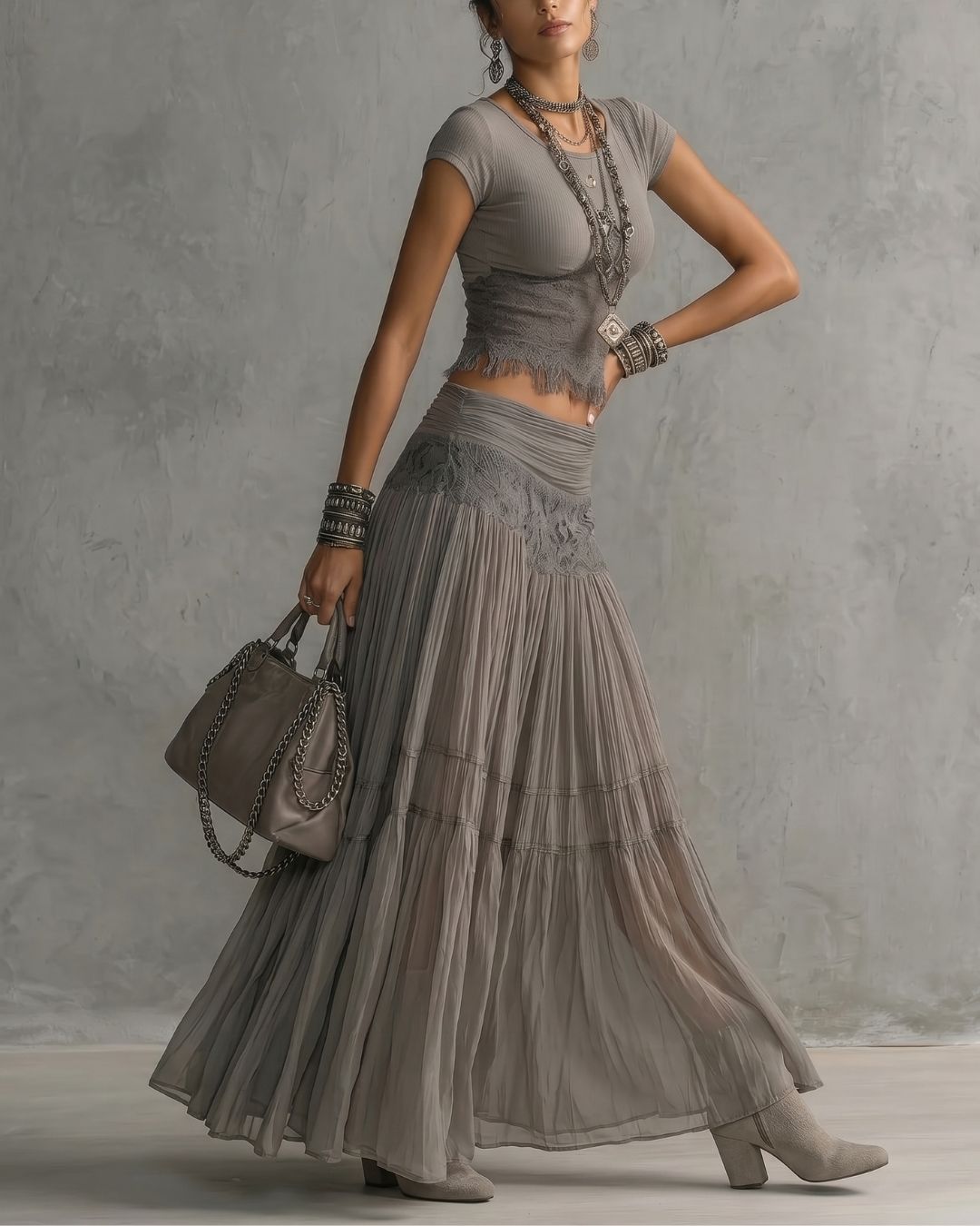 Curvvvy™ Lace Panel and Pleated Maxi Dress Set