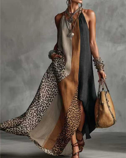 Curvvvy™ Loose Sleeveless Contrast Leopard Pockets Maxi Dresses