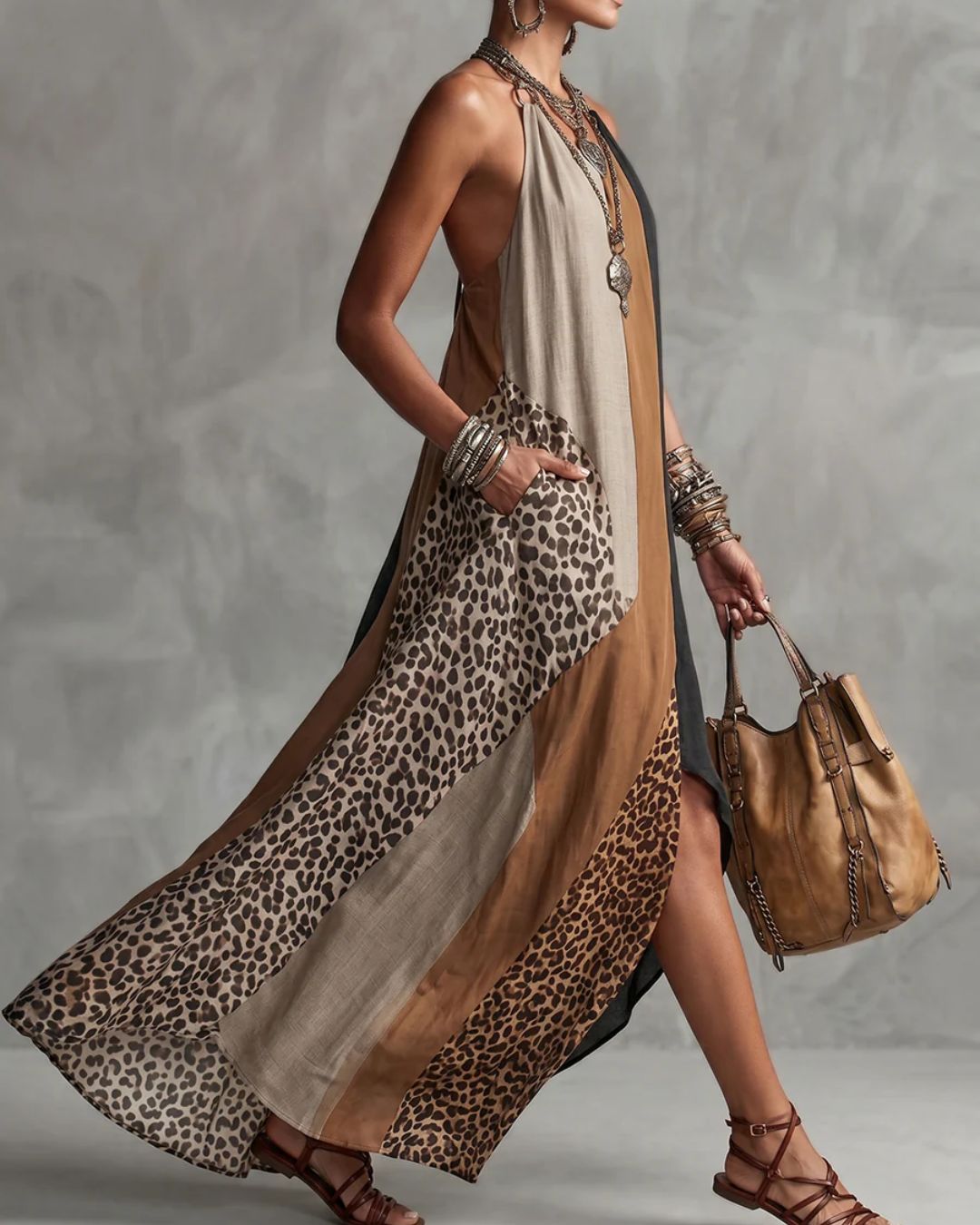 Curvvvy™ Loose Sleeveless Contrast Leopard Pockets Maxi Dresses
