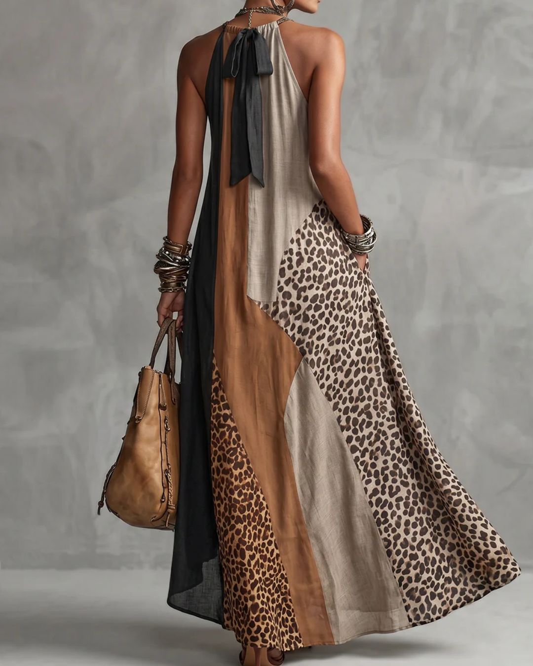 Curvvvy™ Loose Sleeveless Contrast Leopard Pockets Maxi Dresses