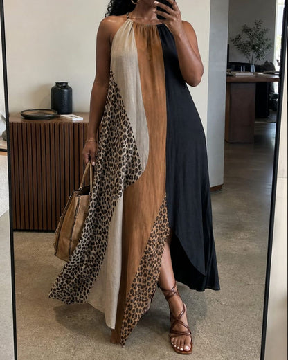 Curvvvy™ Loose Sleeveless Contrast Leopard Pockets Maxi Dresses