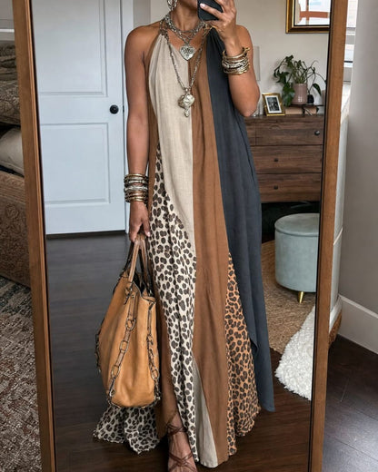 Curvvvy™ Loose Sleeveless Contrast Leopard Pockets Maxi Dresses