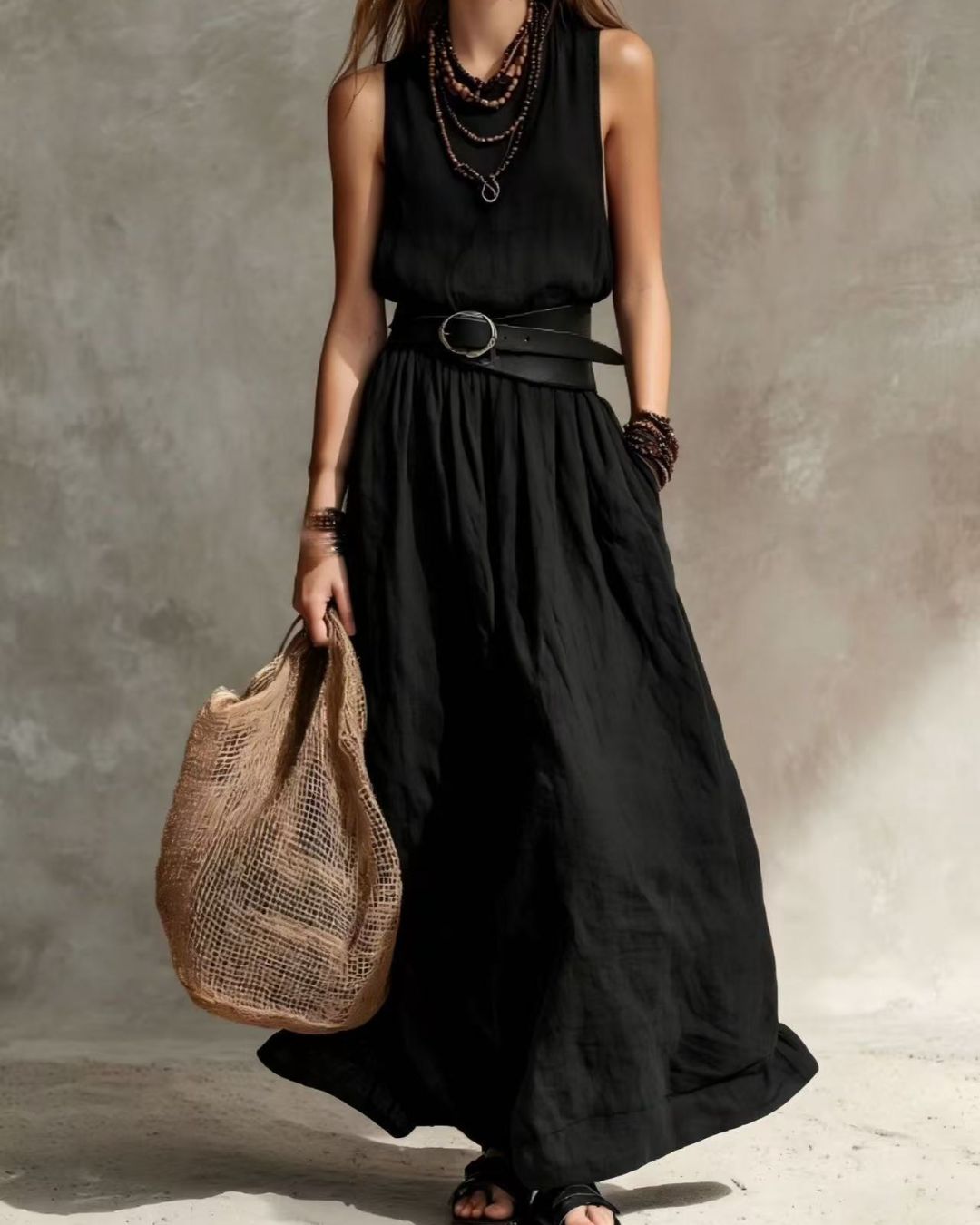 Casual Round Neck Sleeveless Flowy Maxi Dress