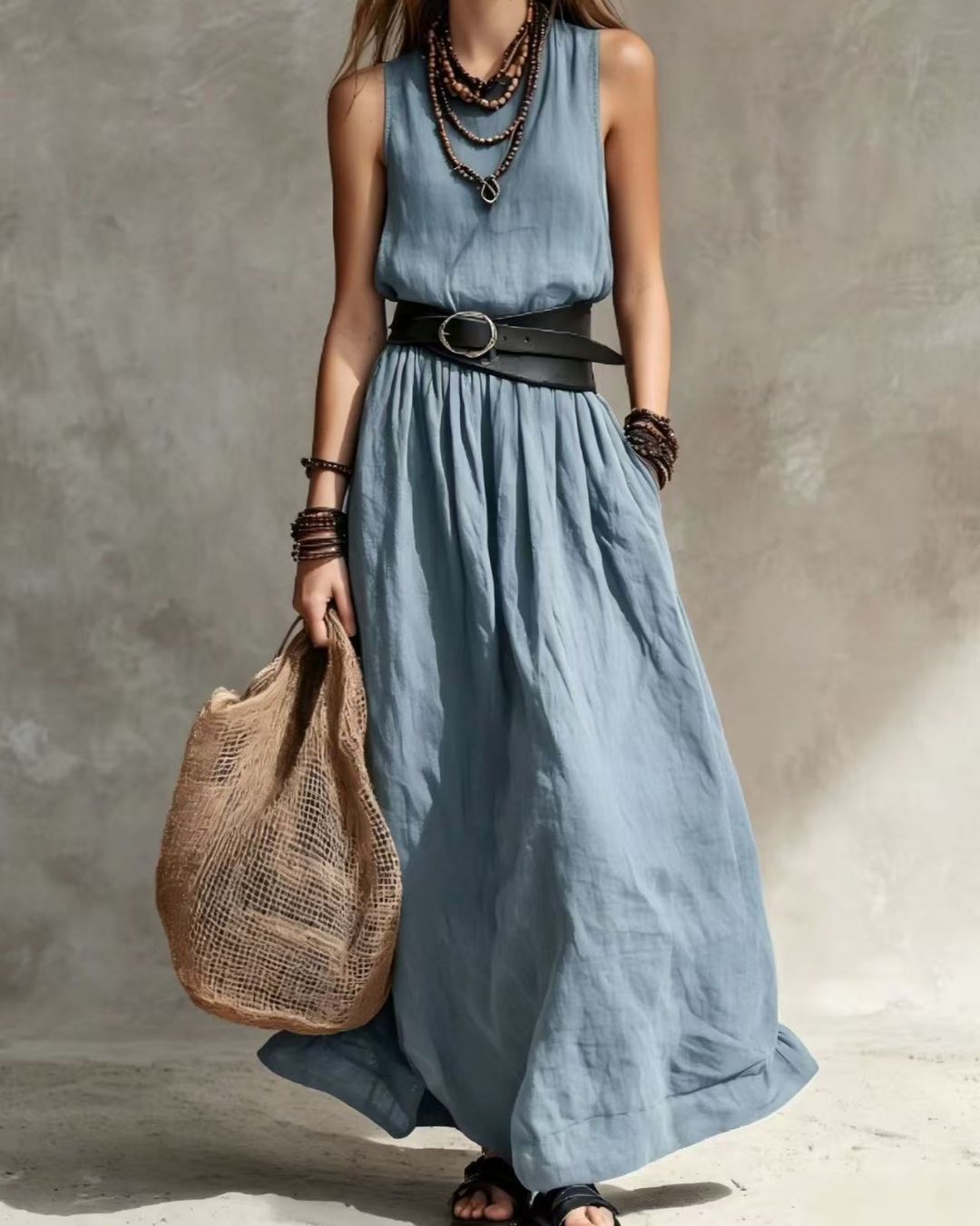 Casual Round Neck Sleeveless Flowy Maxi Dress
