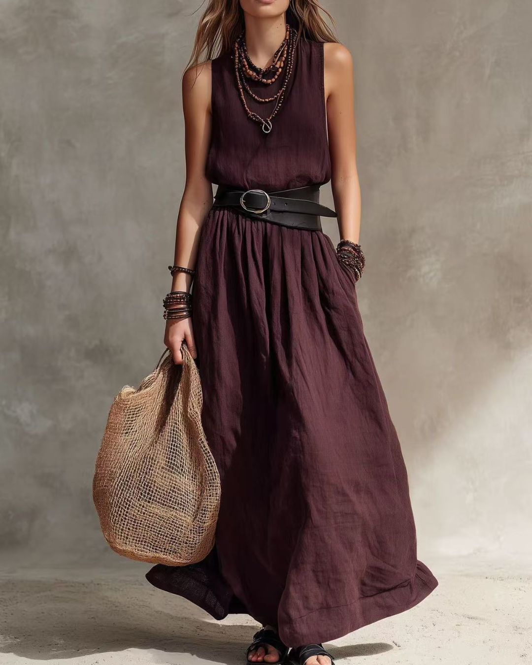 Casual Round Neck Sleeveless Flowy Maxi Dress