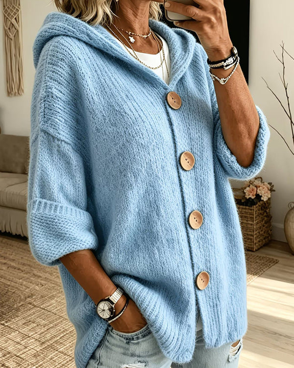 Curvvvy™ Chunky Knit Button-Down Hooded Cardigan
