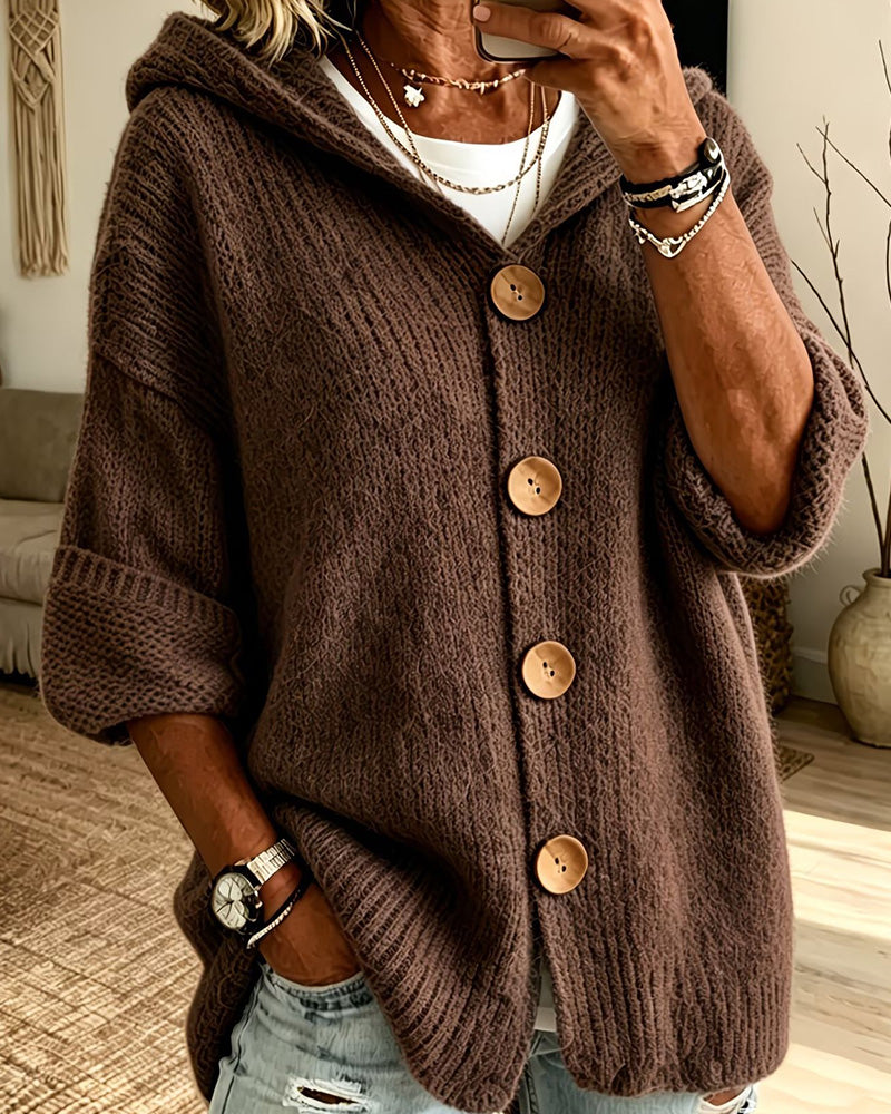 Curvvvy™ Chunky Knit Button-Down Hooded Cardigan