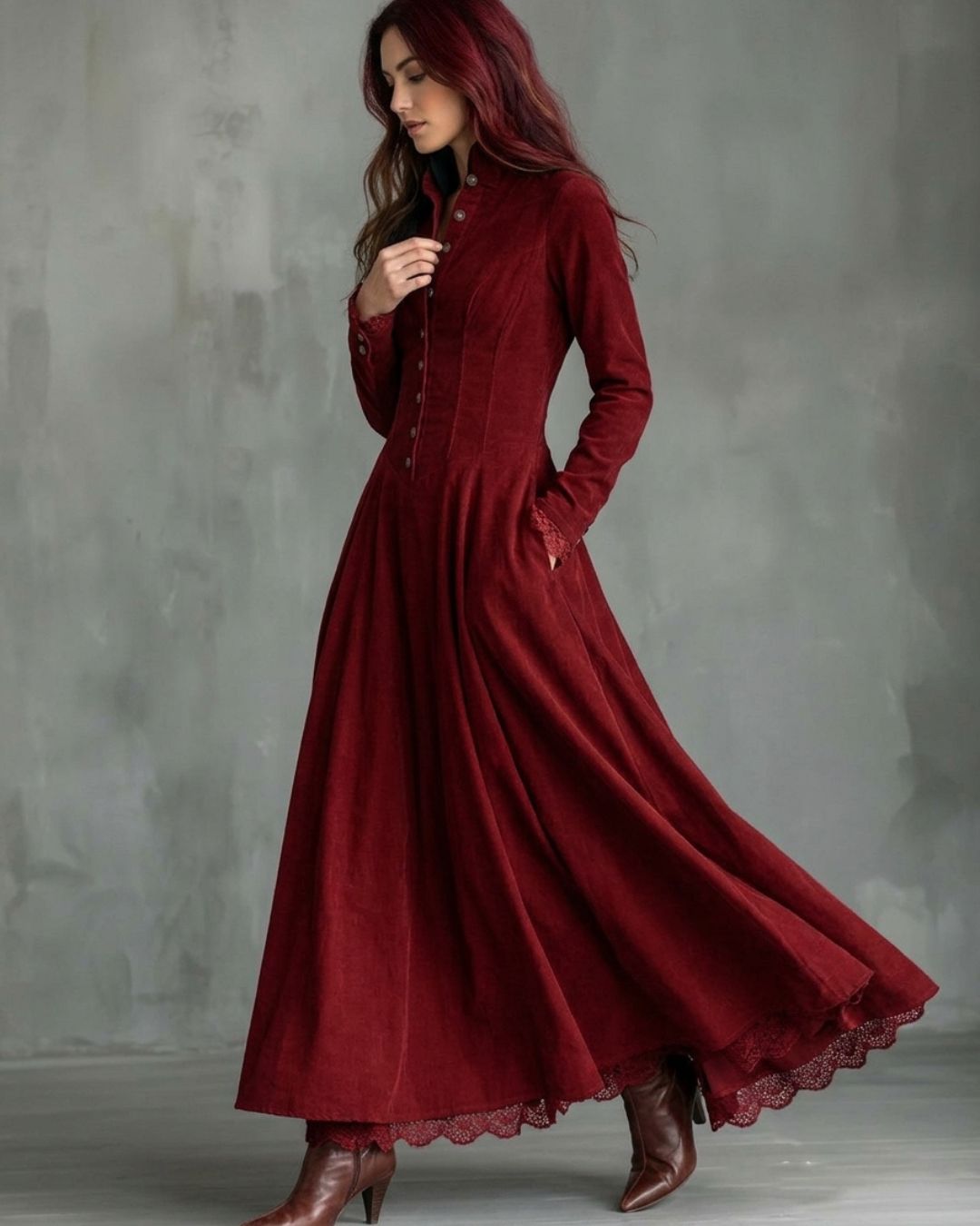 Curvvvy™ Vintage Faux Suede Lace Trim Shirt Maxi Dress
