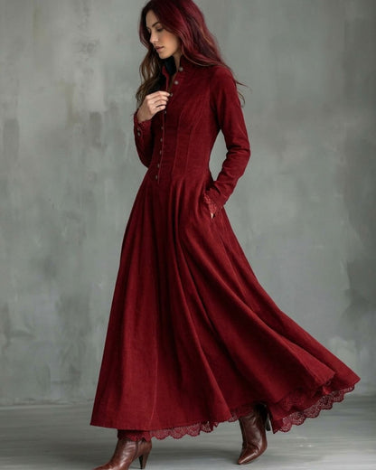 Curvvvy™ Vintage Faux Suede Lace Trim Shirt Maxi Dress