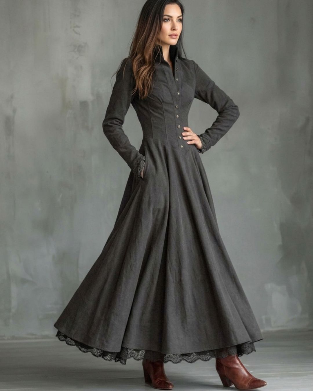 Curvvvy™ Vintage Faux Suede Lace Trim Shirt Maxi Dress