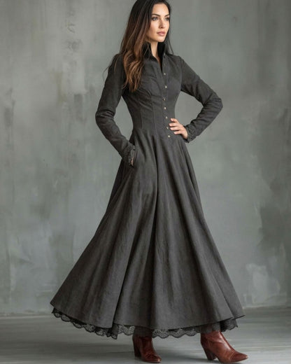 Curvvvy™ Vintage Faux Suede Lace Trim Shirt Maxi Dress