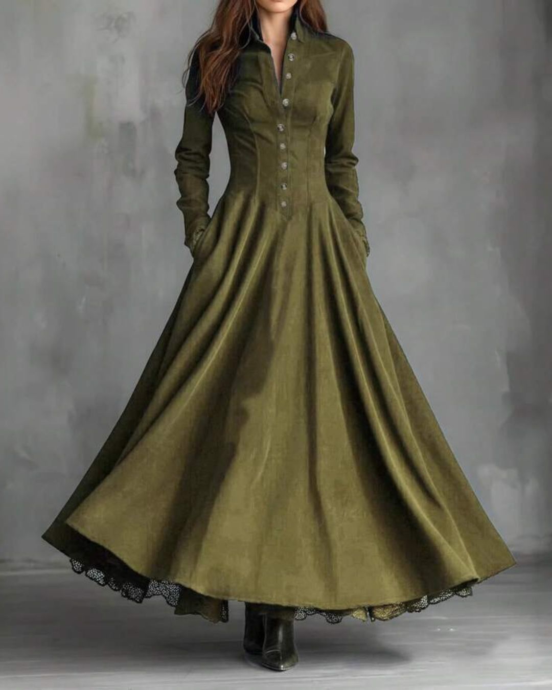 Curvvvy™ Vintage Faux Suede Lace Trim Shirt Maxi Dress