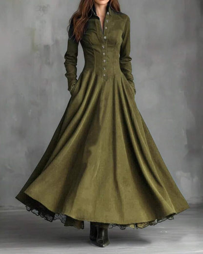 Curvvvy™ Vintage Faux Suede Lace Trim Shirt Maxi Dress