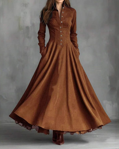 Curvvvy™ Vintage Faux Suede Lace Trim Shirt Maxi Dress