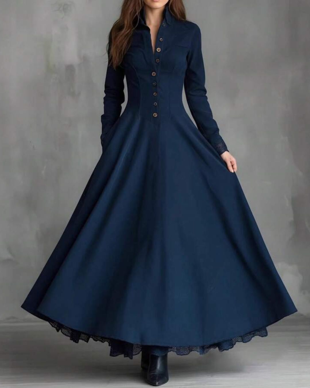 Curvvvy™ Vintage Faux Suede Lace Trim Shirt Maxi Dress