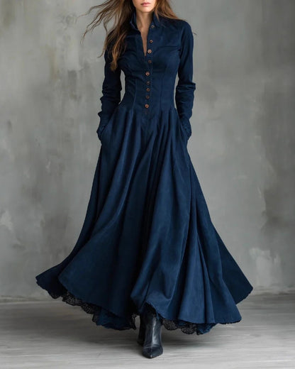 Curvvvy™ Vintage Faux Suede Lace Trim Shirt Maxi Dress