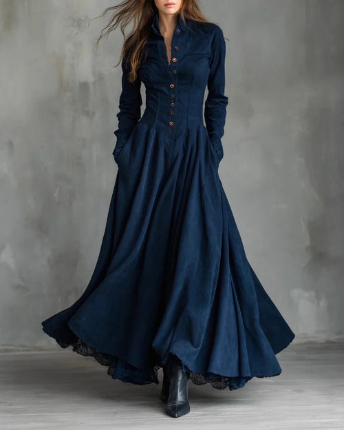 Curvvvy™ Vintage Faux Suede Lace Trim Shirt Maxi Dress