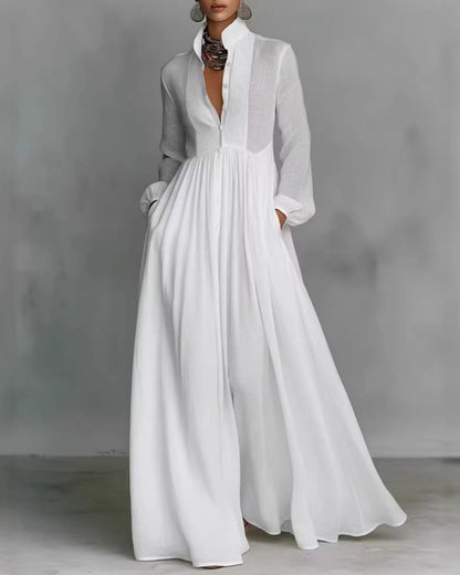 Stand-Up Collar Long-Sleeve Maxi Dress