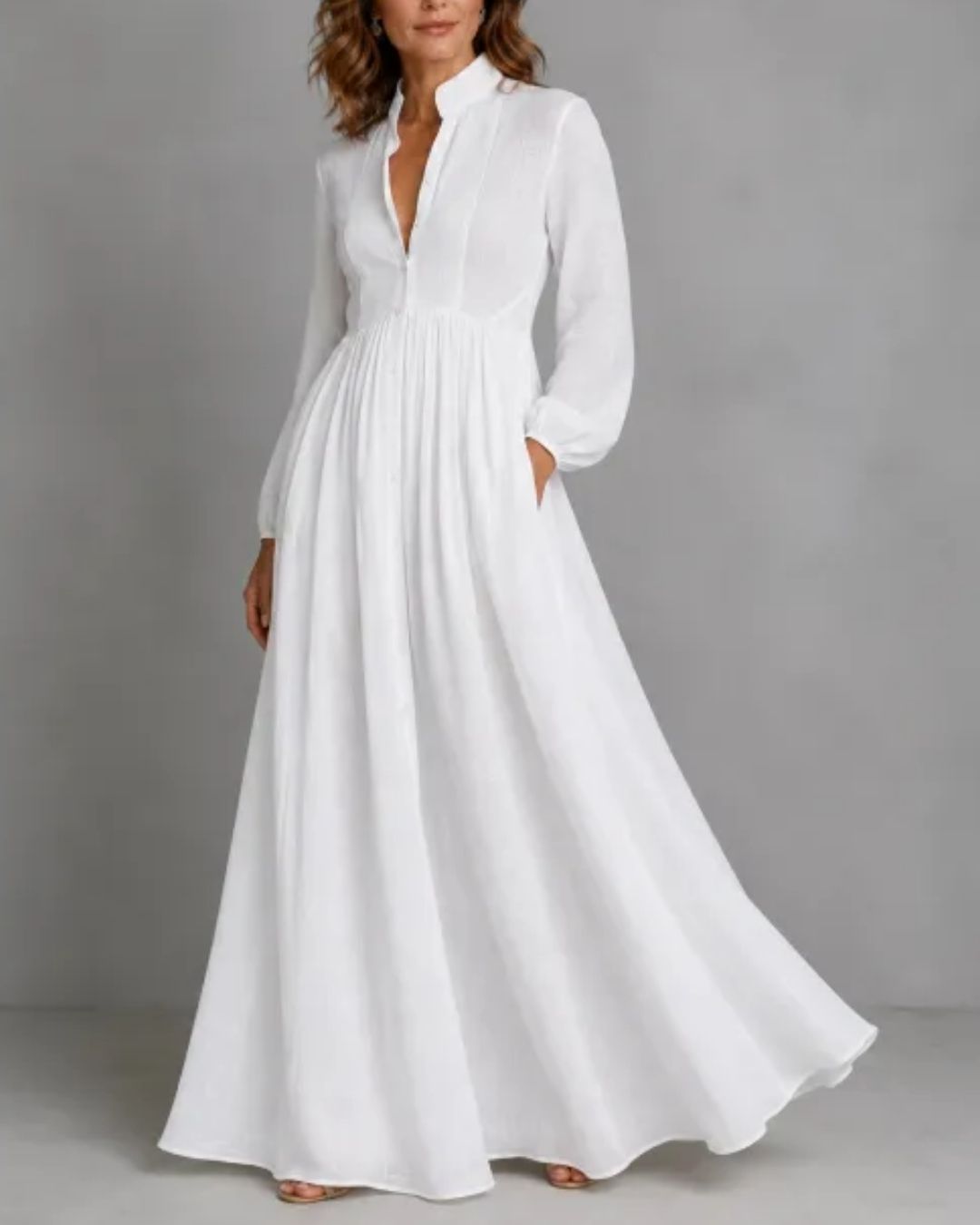 Stand-Up Collar Long-Sleeve Maxi Dress