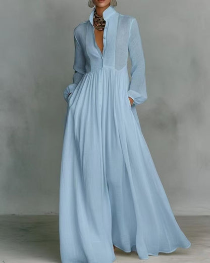 Stand-Up Collar Long-Sleeve Maxi Dress