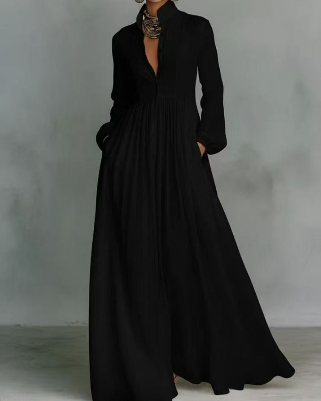 Stand-Up Collar Long-Sleeve Maxi Dress