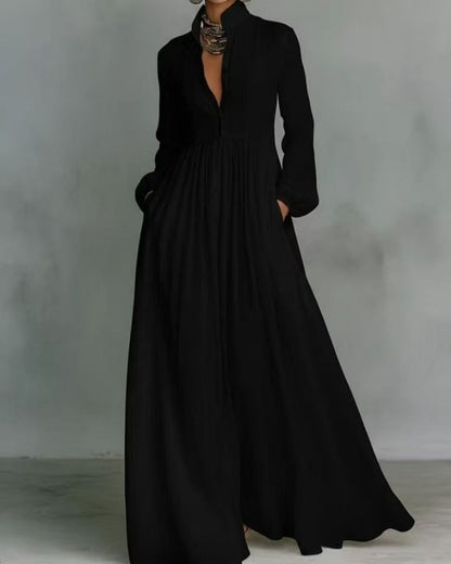 Stand-Up Collar Long-Sleeve Maxi Dress
