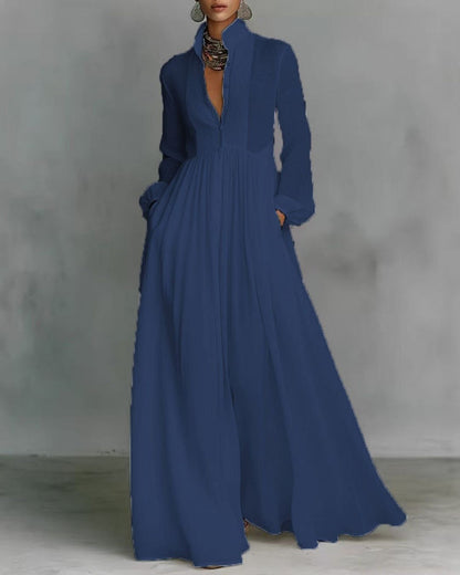 Stand-Up Collar Long-Sleeve Maxi Dress